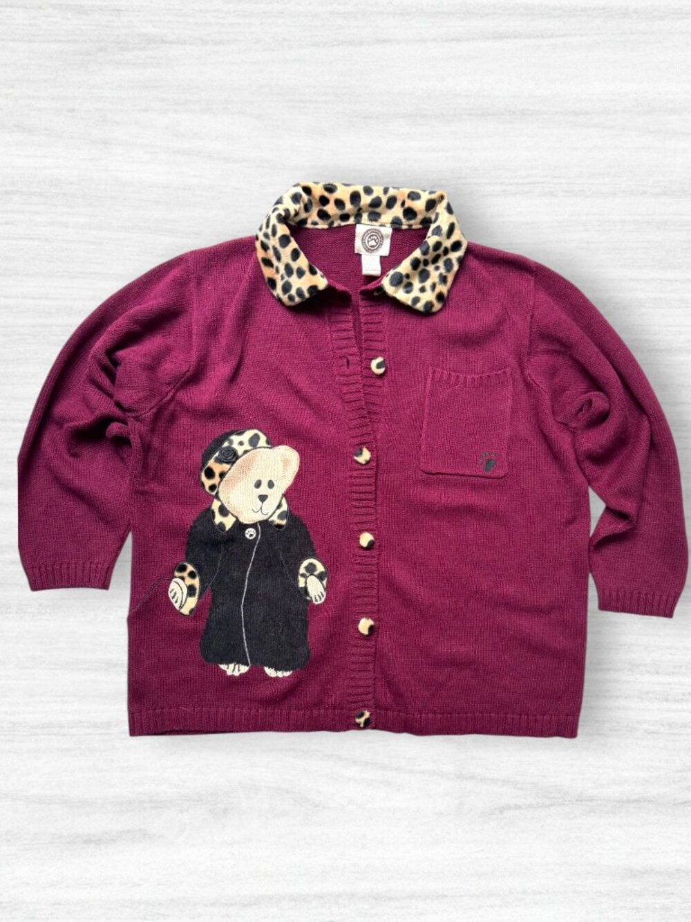 Boyds Collection Bearwear Women's Magenta Leopard Teddy Bear Cardigan Sweater 1X